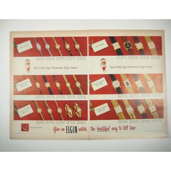 Vintage 1953 Elgin Watch Print Ad 2 Page Spread Christmas Santa Claus Gift - Picture 1 of 2